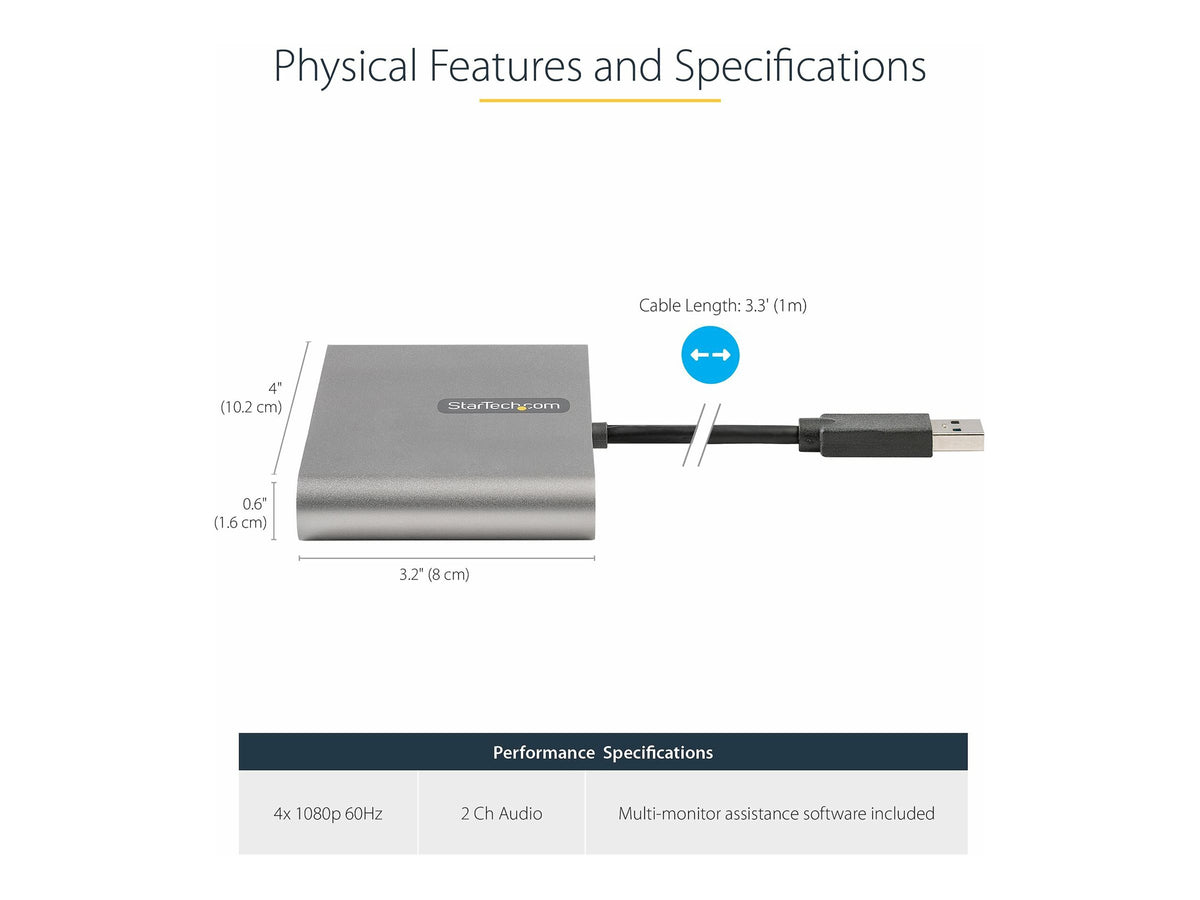 StarTech.com USB 3.0 auf 4x HDMI Adapter - Externe Video- und Grafikkarte - USB Typ-A auf Quad HDMI Display Adapter Dongle - 1080p 60Hz - Multi Monitor USB A auf HDMI Konverter - Windows (USB32HD4)