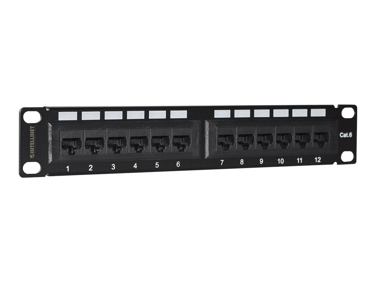 Intellinet 10" 12-Port Cat6 Patchpanel, UTP, 10", 1 HE, schwarz - Patch Panel - Rack montierbar - RJ-45 X 12 - Schwarz, RAL 9005 - 1U - 25.4 cm (10")