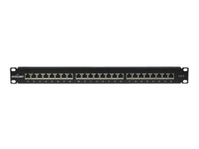 Intellinet 24-Port Cat6 Patchpanel, geschirmt, 24 Ports, FTP, 1 HE, Klemmleisten mit 90 Grad abgewinkelten Kabeleinführungen, schwarz - Patch Panel - CAT 6 - FTP - RJ-45 X 24 - Schwarz - 1U - 48.3 cm (19")