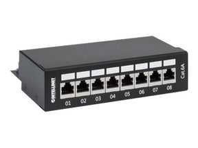 Intellinet Patch Panel, Cat6a, FTP, 8-Port, Desktop, Shielded, 90° Top-Entry Punch Down Blocks, Black