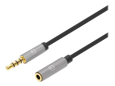 Manhattan Stereo Audio 3.5mm Extension Cable, 5m, Male/Female, Slim Design, Black/Silver, Premium with 24 karat gold plated contacts and pure oxygen-free copper (OFC)