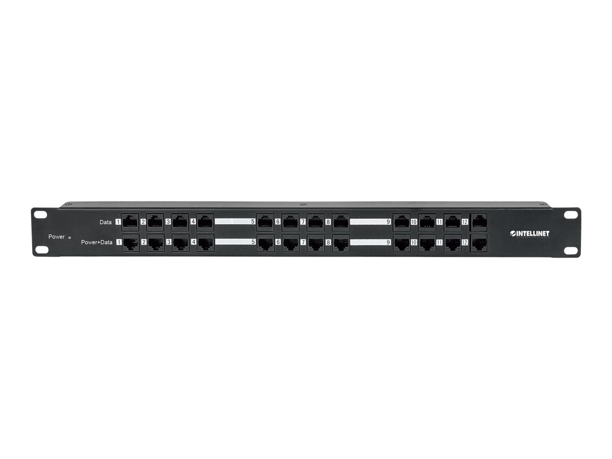 Intellinet 12-Port Passives PoE-Patchpanel / Midspanlösung, Patchpanel mit 12 RJ45-Ports für Dateneingang und 12 RJ45-Ports für Datenausgang und Stromausgang - Power Injector (Rack - einbaufähig)