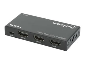 Manhattan HDMI Switch 2-Port, 8K@60Hz, Connects x2 HDMI sources to x1 display, Automatic Switching, Includes Micro-USB to USB-A power cable, Black, Three Year Warranty, Blister