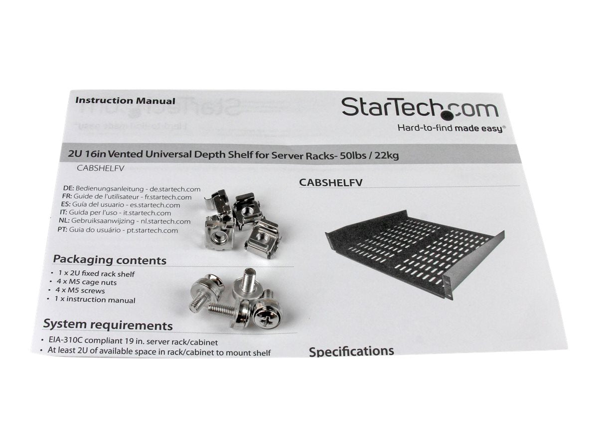 StarTech.com 2HE Universal Rack Mount Fachboden belüftet und freitragend für 19 Server Racks - 16Zoll, schwarz (CABSHELFV)