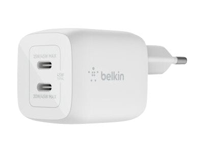 Belkin BoostCharge Pro GaN - Netzteil - PPS- und GaN-Technologie - 45 Watt - Fast Charge, PD 3.0 - 2 Ausgabeanschlussstellen (2 x USB-C)