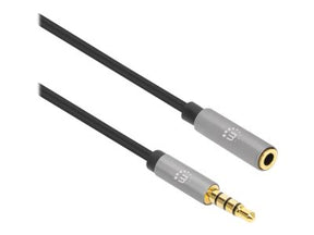 Manhattan Stereo Audio 3.5mm Extension Cable, 1m, Male/Female, Slim Design, Black/Silver, Premium with 24 karat gold plated contacts and pure oxygen-free copper (OFC)