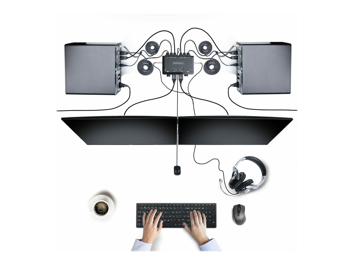 StarTech.com 2-Port Dual-Monitor DisplayPort Cable KVM Switch, 4K 60Hz, Compact KVM with 5ft/1.5m USB-A/DisplayPort/Audio Integrated Cables, Bus Powered - Remote Push Button/Hotkey Switching (C2-DD46-UA2-CBL-KVM)
