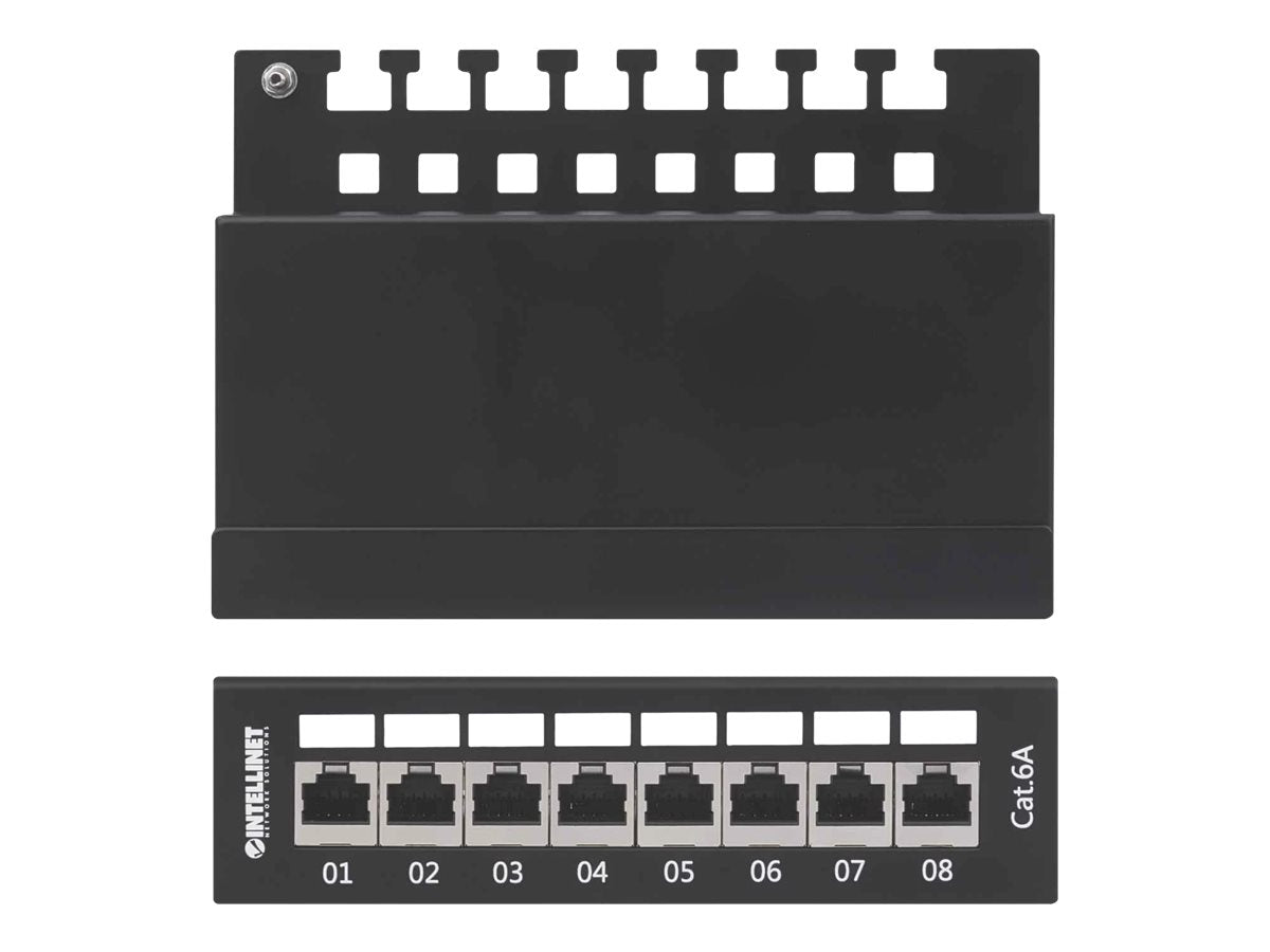 Intellinet Patch Panel, Cat6a, FTP, 8-Port, Desktop, Shielded, 90° Top-Entry Punch Down Blocks, Black