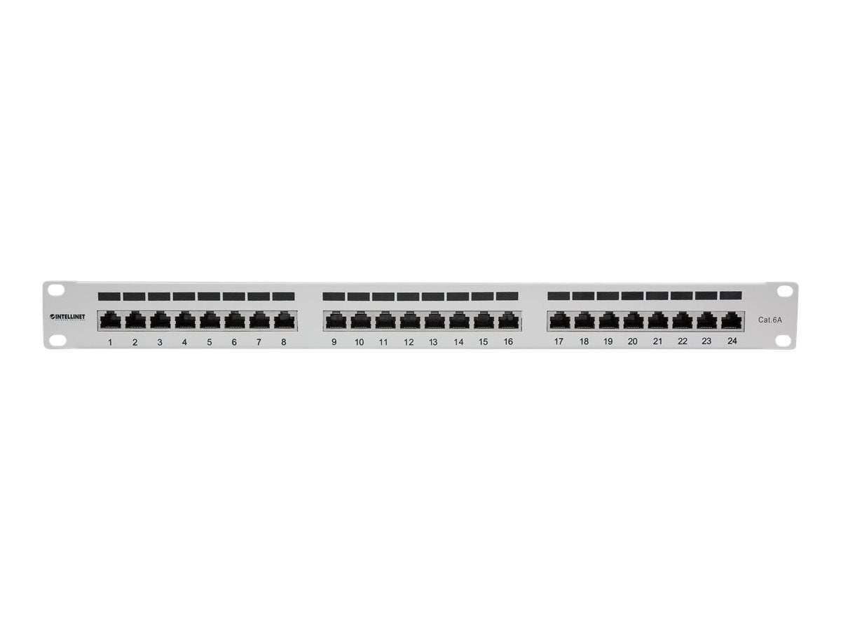 Intellinet 24-Port Cat6a Patchpanel, geschirmt, 24 Ports, FTP, 1 HE, Klemmleisten mit 90 Grad abgewinkelten Kabeleinführungen, grau - Patch Panel - RJ-45 X 24 - Grau - 1U - 48.3 cm (19")