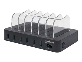 Manhattan Charging Station, 6x USB-A Ports, Outputs: 6x 2.4A, Smart IC, LED Indicator Lights, Black, Three Year Warranty, Box - Ladestation - 50 Watt - 2.4 A - 6 Ausgabeanschlussstellen (USB)