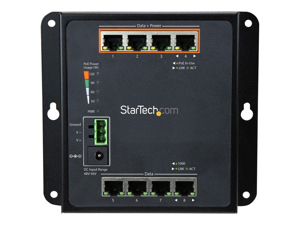 StarTech.com 8 Port POE Managed Ethernet Switch - 30W per PoE+ Port - Industrieller managed Wandmontage Netzwerk Switch - Switch - managed - 4 x 10/100/1000 + 4 x 10/100/1000 (PoE+)