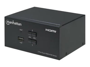 Manhattan HDMI KVM Switch 2-Port, 4K@30Hz, USB-A/3.5mm Audio/Mic Connections, Cables included, Audio Support, Control 2x computers from one pc/mouse/screen, USB Powered, Black, Three Year Warranty, Boxed