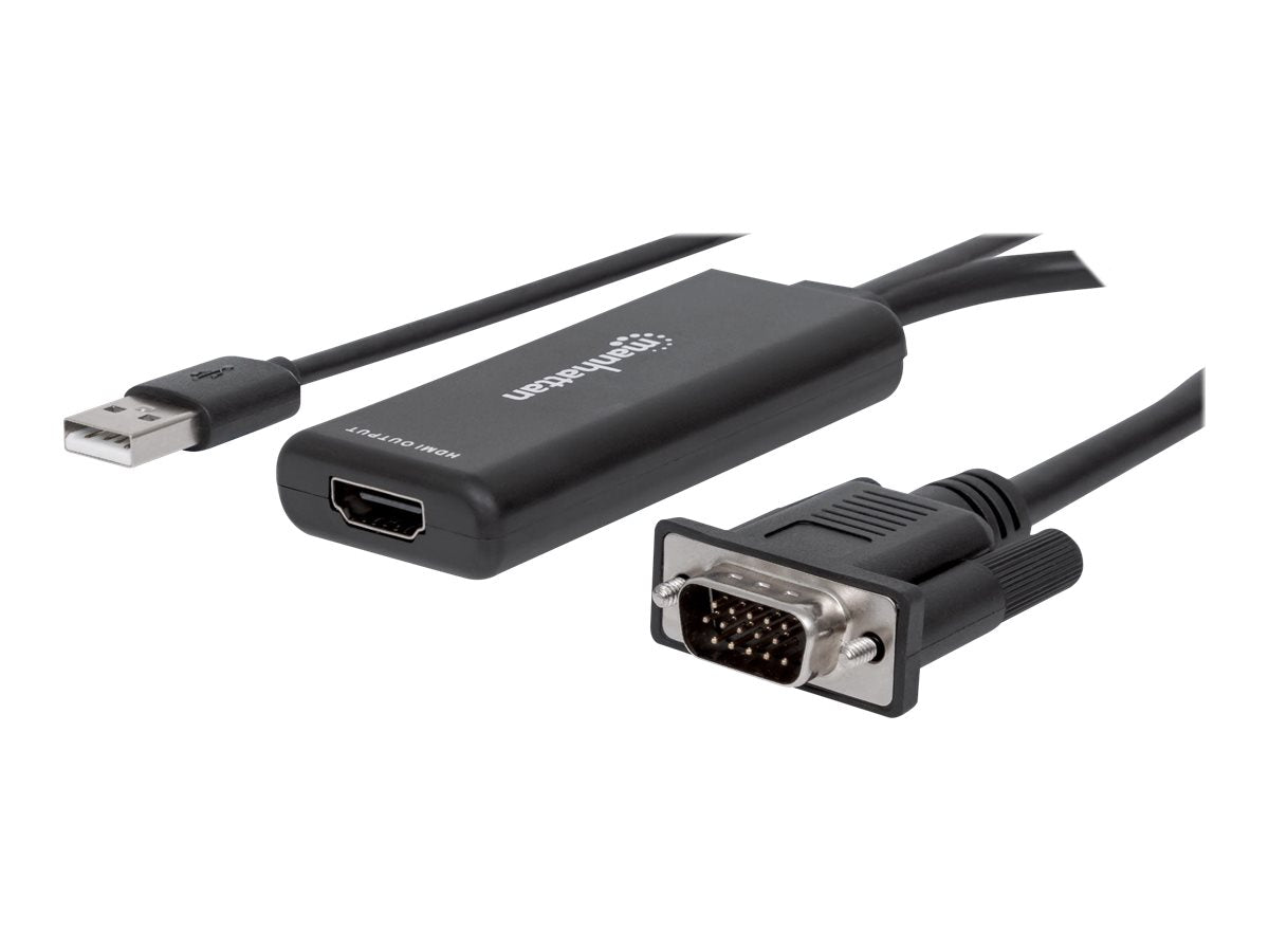 Manhattan VGA and USB-A to HDMI Converter, Analog VGA Video and USB Audio to Digital HDMI Signal, 1920x1080, 1080p@60Hz, 24-bit colour, 1.65 Gbps / 165 MHz, Three Year Warranty, Blister - Adapterkabel - USB, HD-15 (VGA)