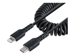 StarTech.com 50cm USB C auf Lightning Kabel, spiralkabel, MFi-zertifiziert, Schnellladekabel für iPhone/iPad , schwarz, langlebiger TPE-Mantel aus Aramidfaser, USB C 2.0 Kabel (RUSB2CLT50CMBC)