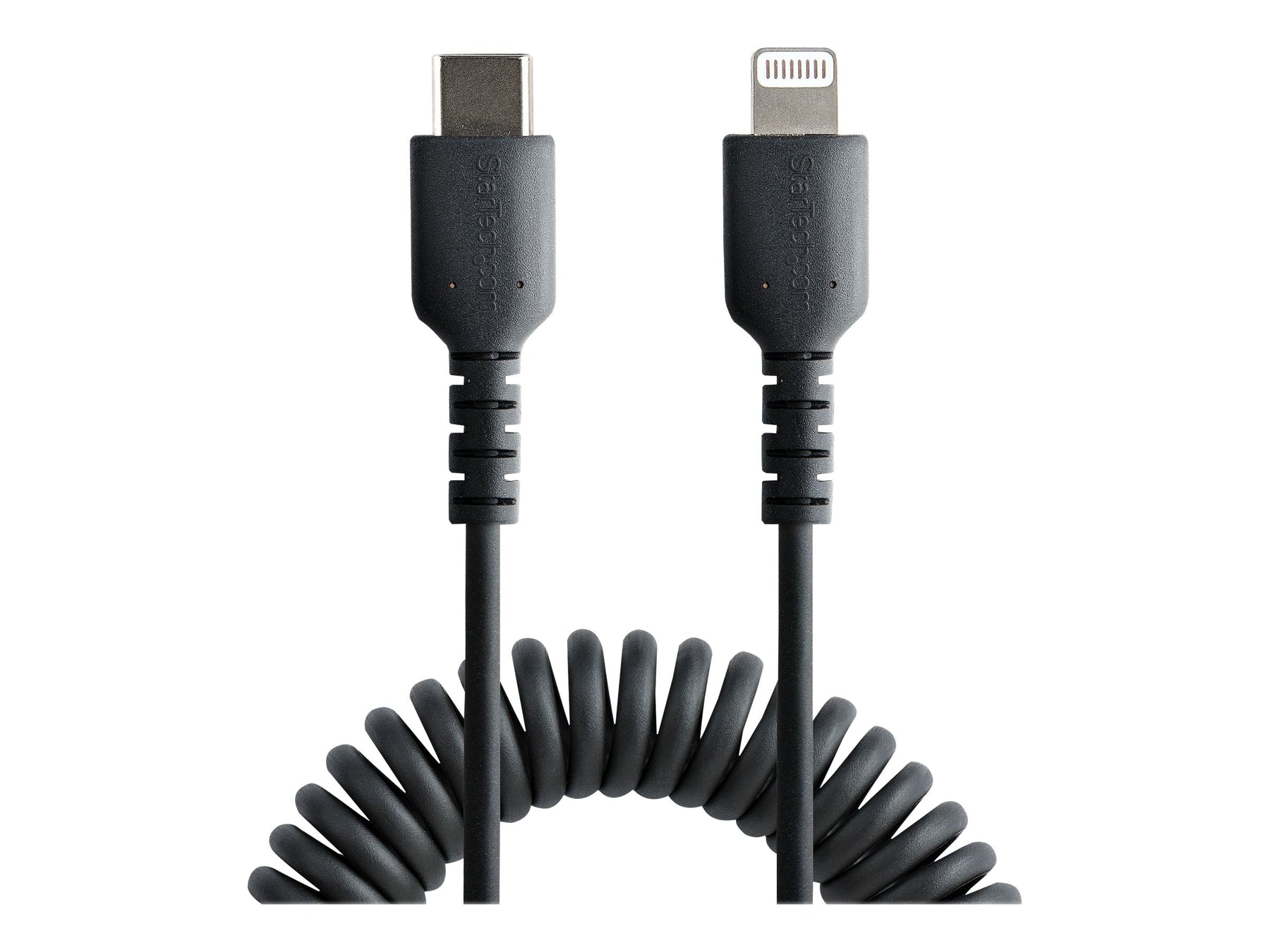 StarTech.com 50cm USB C auf Lightning Kabel, spiralkabel, MFi-zertifiziert, Schnellladekabel für iPhone/iPad , schwarz, langlebiger TPE-Mantel aus Aramidfaser, USB C 2.0 Kabel (RUSB2CLT50CMBC)