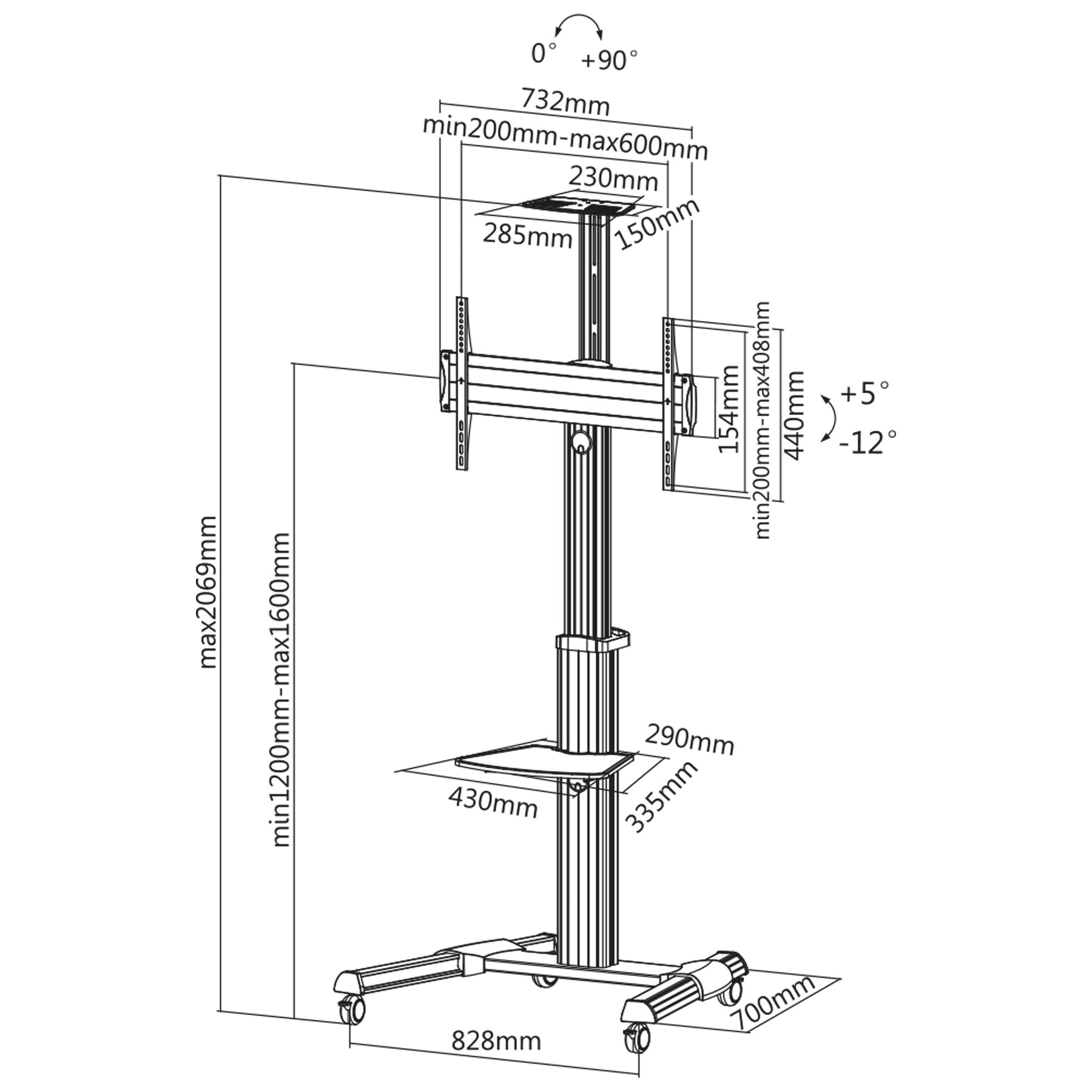 InLine TV-Wagen - höhenverstellbar - für LED-TV 37"-70" (94-178cm) - max. 50kg