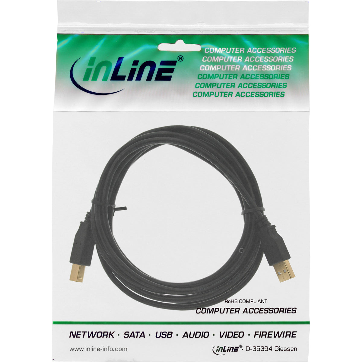 InLine USB 2.0 Kabel - A an B - schwarz - Kontakte gold - 0,3m