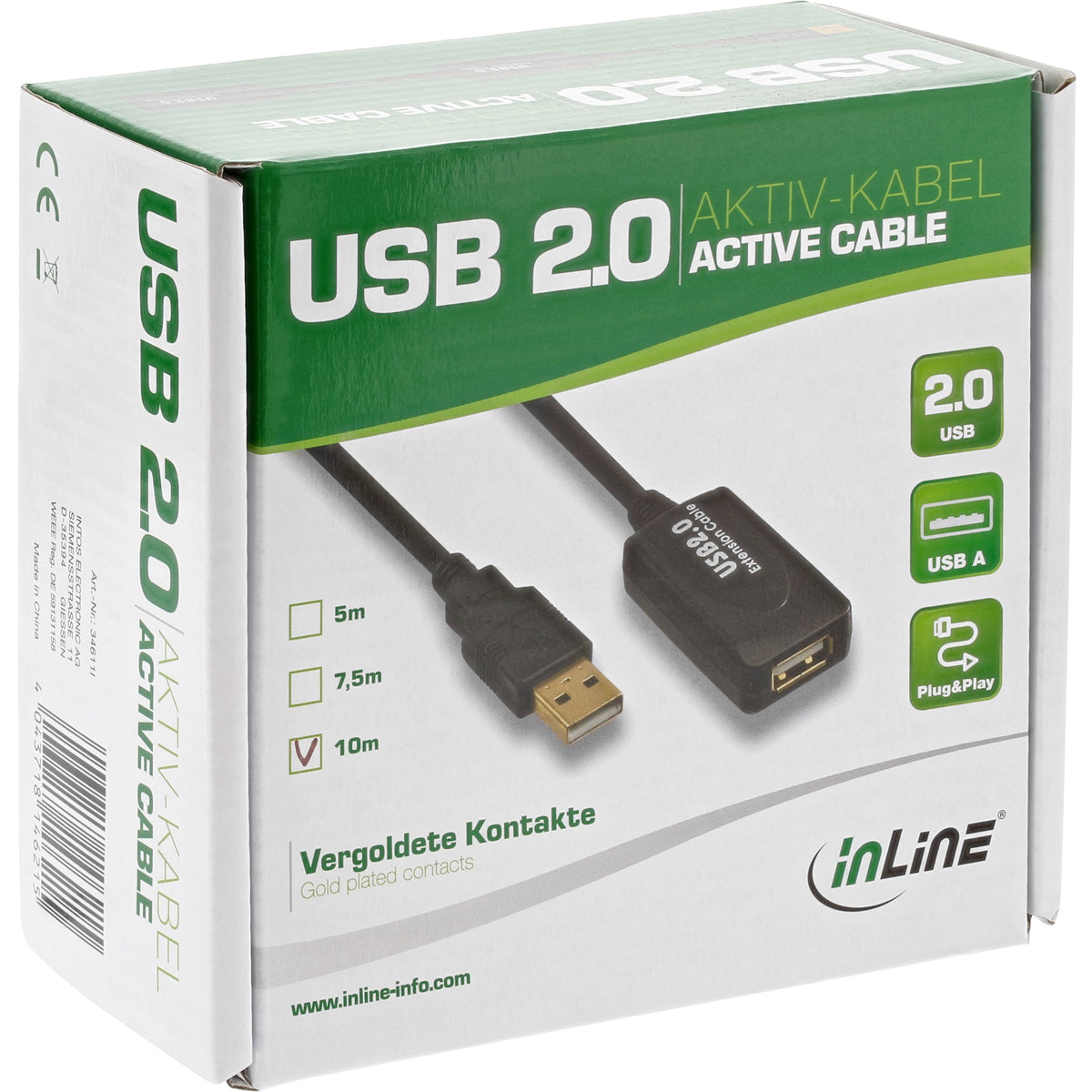 InLine USB 2.0 Aktiv-Verl. - mit Signalverstärkung "Repeater" - ST A / BU A - 15m