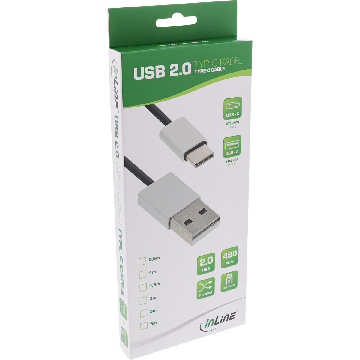 InLine USB 2.0 Kabel - USB-C Stecker an A Stecker - schwarz/Alu - flexibel - 3m