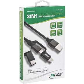 InLine 3-in1 USB Kabel - Micro-USB/Lightning/USB-C - schwarz/Alu - 1,5m MFi