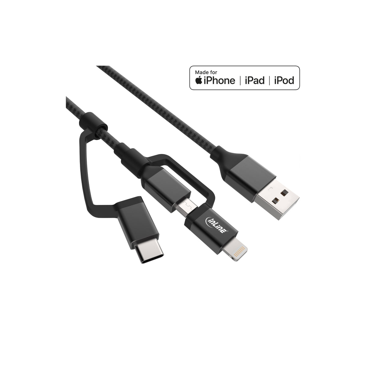 InLine 3-in1 USB Kabel - Micro-USB/Lightning/USB-C - schwarz/Alu - 1,5m MFi