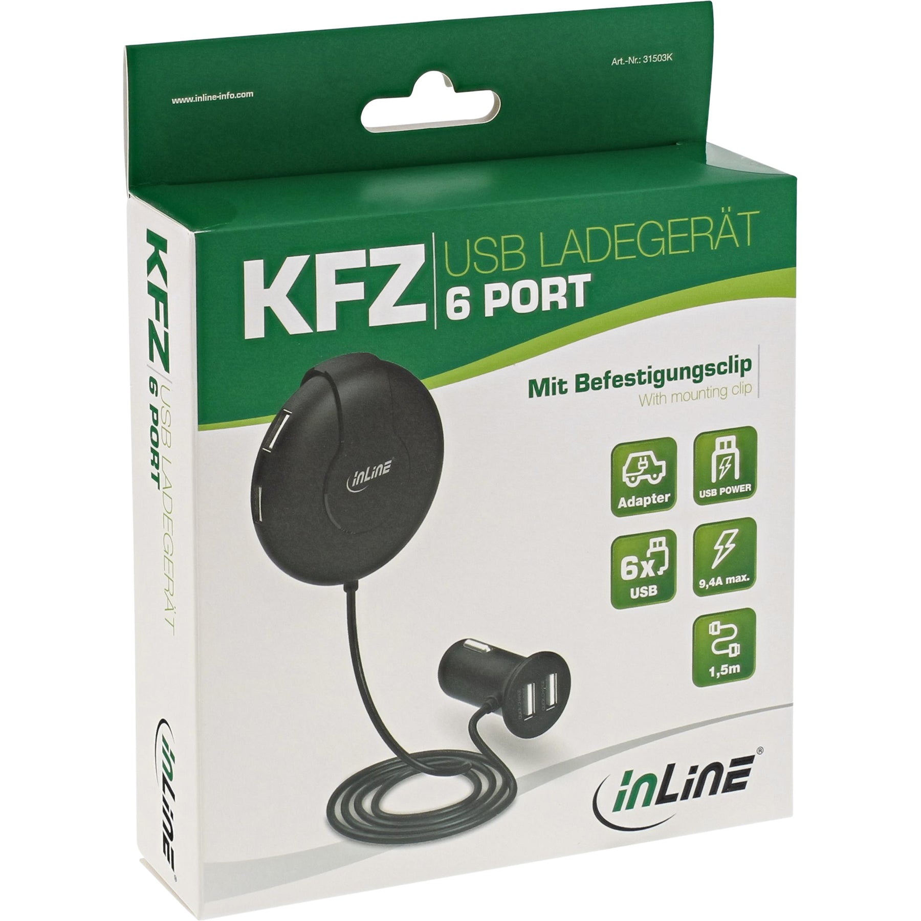 InLine USB KFZ Ladegerät Stromadapter - 12/24V zu 5V DC/9,4A - mit 1,5m Kabel