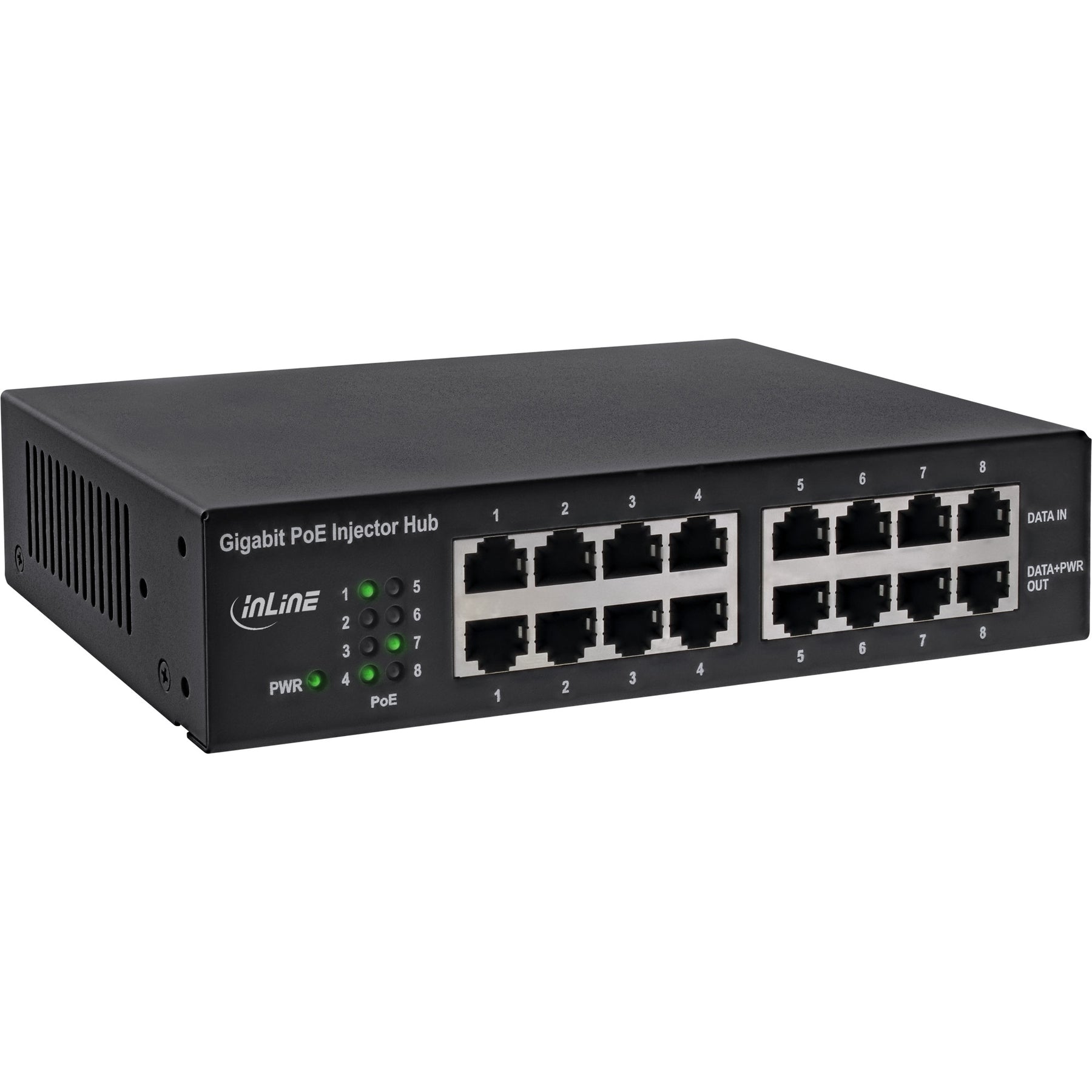 InLine PoE+ Gigabit Injektor Hub 8 Port (8x PoE+) - 1Gb/s - 19" 1HE - lüfterlos