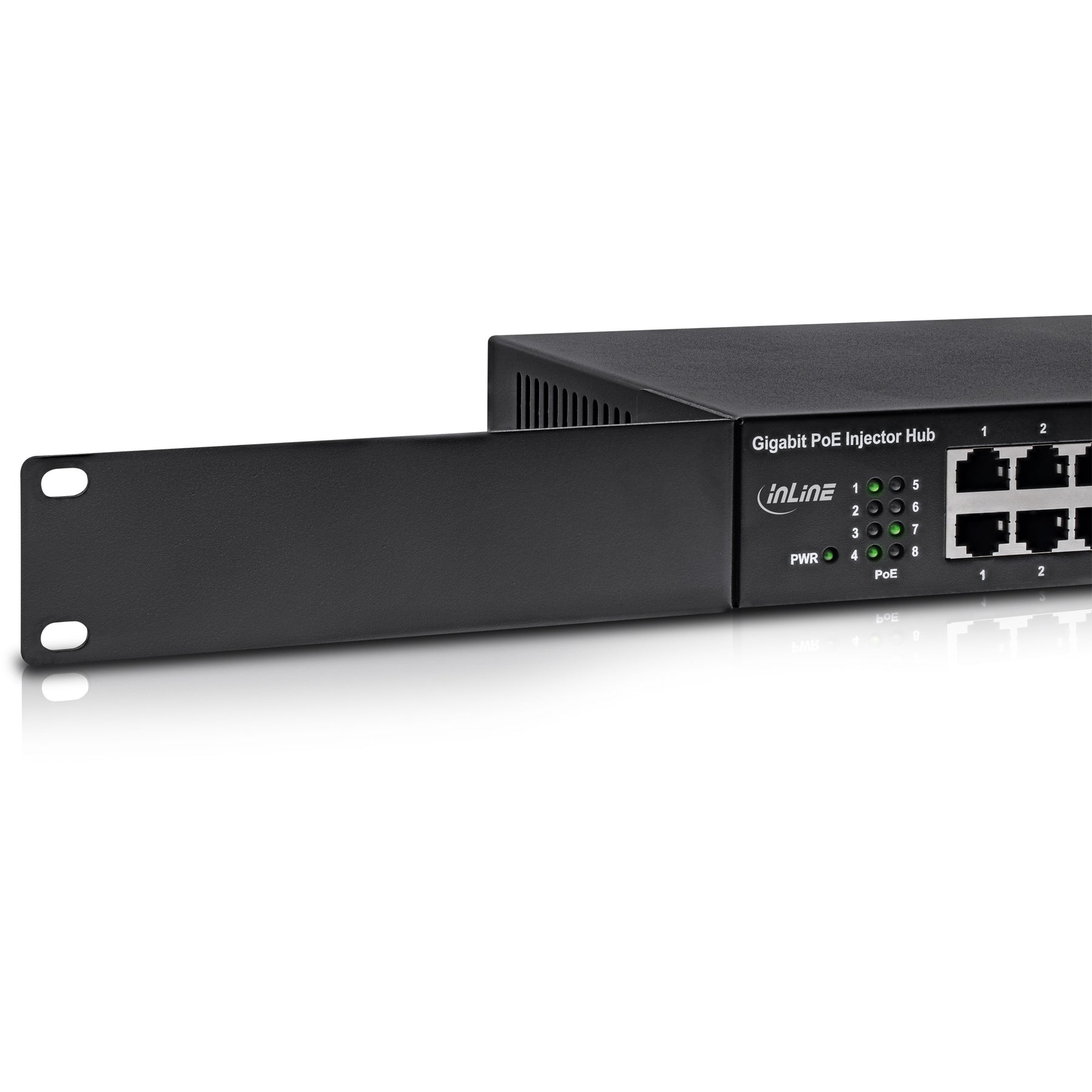 InLine PoE+ Gigabit Injektor Hub 8 Port (8x PoE+) - 1Gb/s - 19" 1HE - lüfterlos