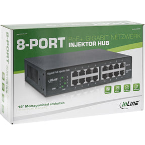 InLine PoE+ Gigabit Injektor Hub 8 Port (8x PoE+) - 1Gb/s - 19" 1HE - lüfterlos