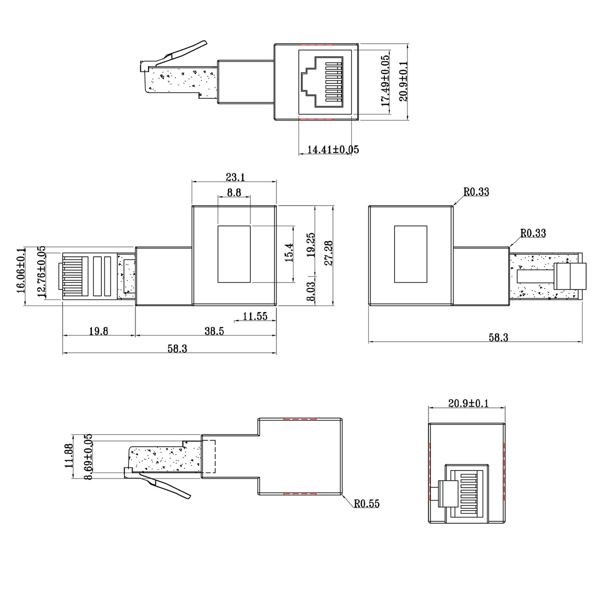 InLine Patchkabel-Adapter Cat.6A - RJ45 Stecker/Buchse - 90° rechts gewinkelt