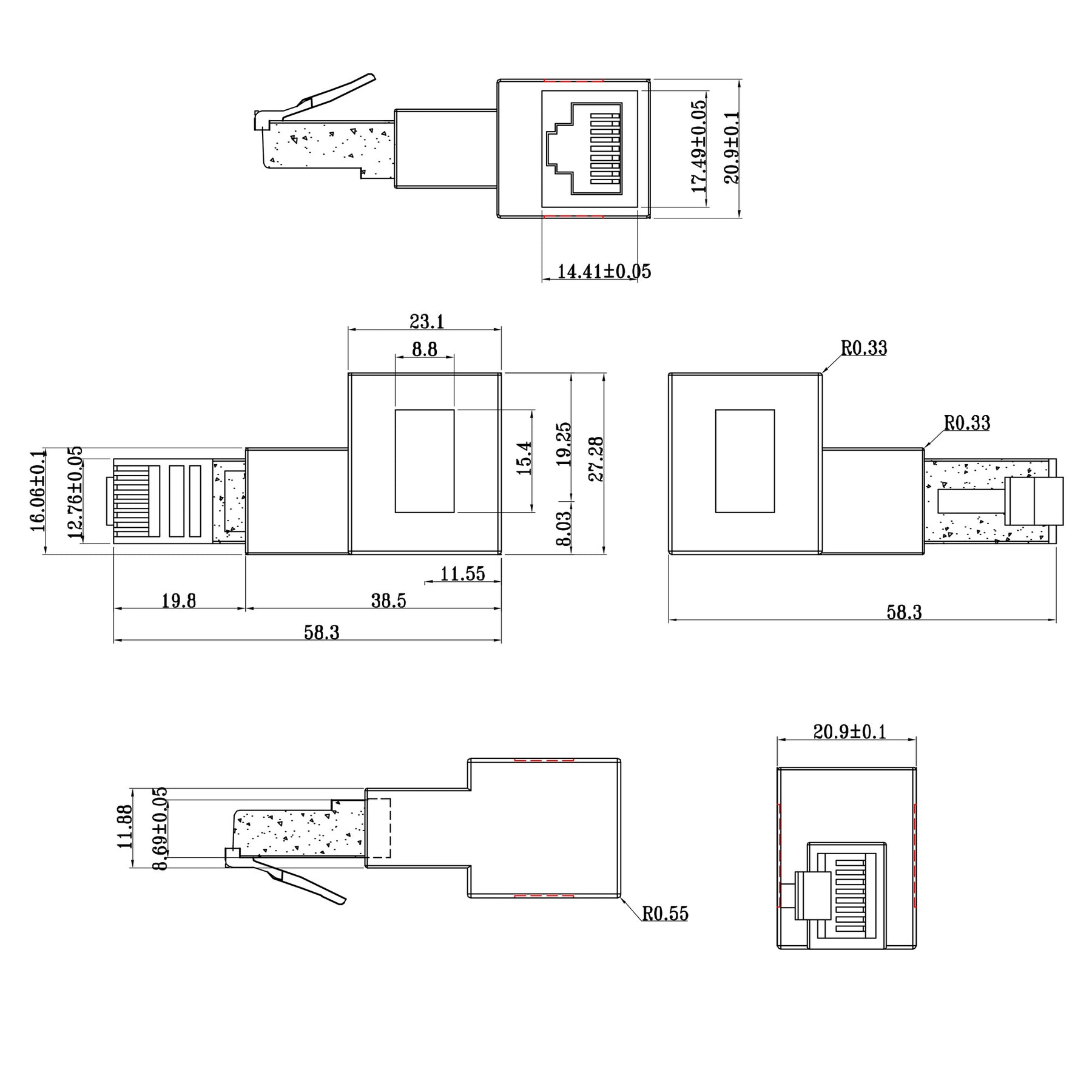 InLine Patchkabel-Adapter Cat.6A - RJ45 Stecker/Buchse - 90° rechts gewinkelt