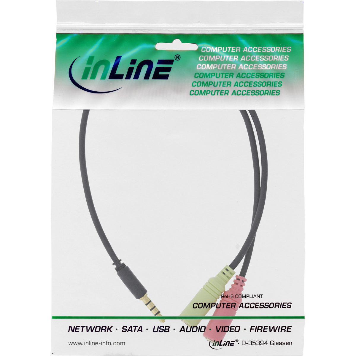 InLine Headset Adapterkabel - 3,5mm Stecker an 2x3,5mm Buchse - schwarz - 0,15m