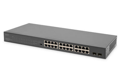 DIGITUS 24-Port Gigabit PoE Netzwerkswitch,19 Zoll, unmanaged,2 Uplink Ports, SFP, 370 W, af/at