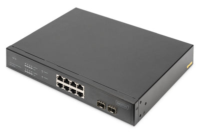 DIGITUS 8-Port Gigabit PoE Netzwerkswitch, 19 Zoll, unmanaged, 2 Uplinkports, SFP, 140 W, af/at