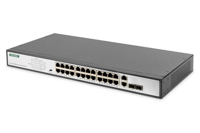 DIGITUS 24-Port Gigabit PoE Netzwerkswitch,19 Zoll, unmanaged,2 Uplink Ports, SFP, 370 W, af/at