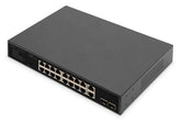 DIGITUS 16-Port Gigabit PoE Netzwerkswitch, 19 Zoll, unmanaged,2 Uplink Ports, SFP